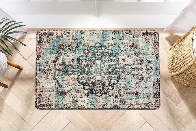 Lahome Bohemian Floral Medallion Area Rug - 2x3 Vintage Teal Distressed Small Entryway Rug Turkish Doormat Faux Wool Non-Slip Washable Low-Pile Carpet for Bathroom Kitchen Laundry Room Decor