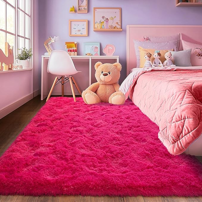 Hot Red Fluffy Rug for Bedroom 4x5.9 ft - Ultra Soft & Non Slip Shaggy Area Rug, Comfy Durable Carpet for Living Room Kids Room Teens Dorm Home Decor, 1.7'' Thick Indoor Plush Carpets
