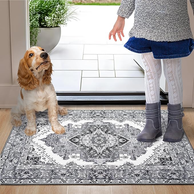 Noahas Front Door Mat Indoor Outdoor Entrance,2x3 Small Grey and Blue Area Rugs Vintage Machine Washable Rugs Non-Slip Low Pile Carpets for Entryway Bathroom Kitchen Bedroom Laundry Room Home Decor