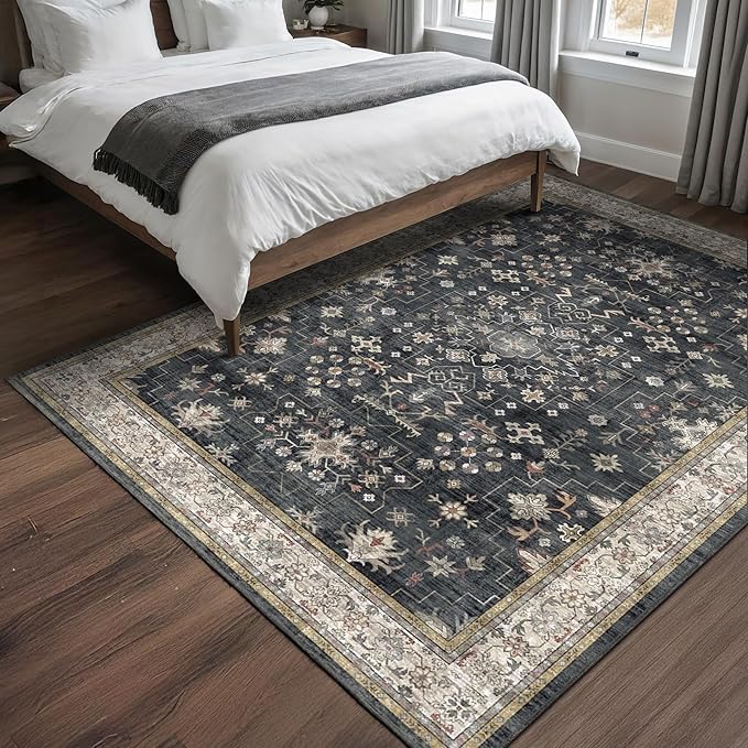 Black Boho Living Room Rug 5x7, Washable Dark Vintage Moody Low Pile Non Slip Carpet for Bedroom, Dinning Room, Office, Farmhouse, Retro Area Rug Indoor Decor (5x7 Black/Multi)