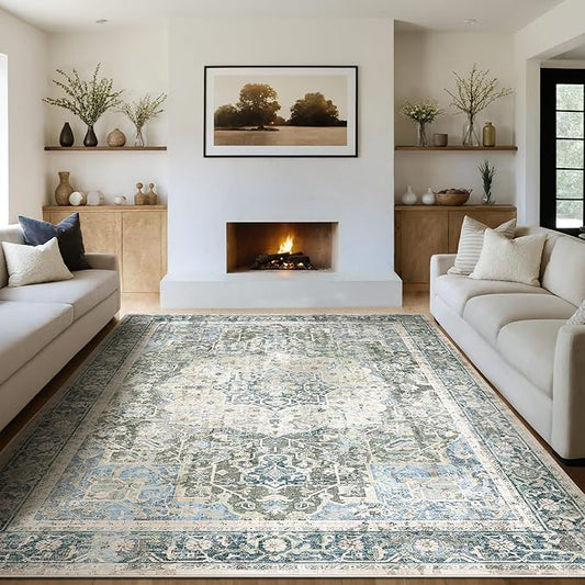 Kokia 9x12 Area Rugs for Living Room, Machine Washable Non Slip Vintage Boho Rugs, Low Pile Distressed Medallion Print Rug for Bedroom, Dining Room Blue 9 x 12