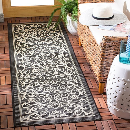 SAFAVIEH Courtyard Collection Runner Rug - 2'3" x 22', Black & Sand, Scroll Design, Non-Shedding & Easy Care, Indoor/Outdoor & Washable-Ideal for Patio, Backyard, Mudroom (CY2098-3908)
