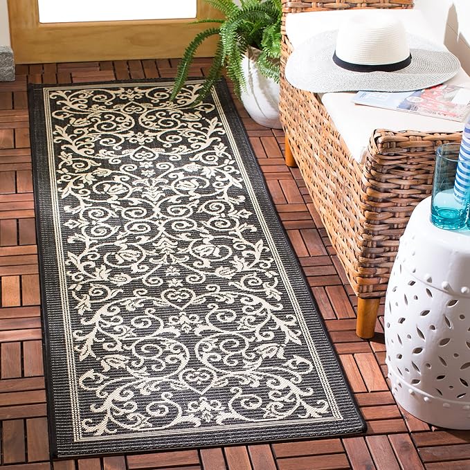 SAFAVIEH Courtyard Collection Runner Rug - 2'3" x 16', Black & Sand, Scroll Design, Non-Shedding & Easy Care, Indoor/Outdoor & Washable-Ideal for Patio, Backyard, Mudroom (CY2098-3908)