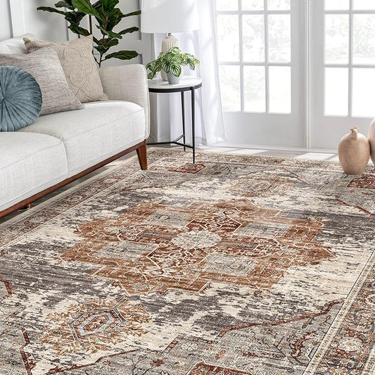 RUUGME Washable 5x7 Area Rugs - Large Rugs for Living Room Stain Resistant Carpet Vintage Rugs for Bedroom with Non Slip Backing Home Decor Floor Decoration Mat (5x7 Brick)