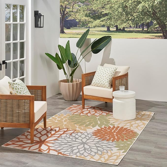 Nourison Aloha Indoor/Outdoor Ivory Multicolor 6' x 9' Area Rug, Easy Cleaning, Non Shedding, Bed Room, Living Room, Dining Room, Backyard, Deck, Patio (6x9)