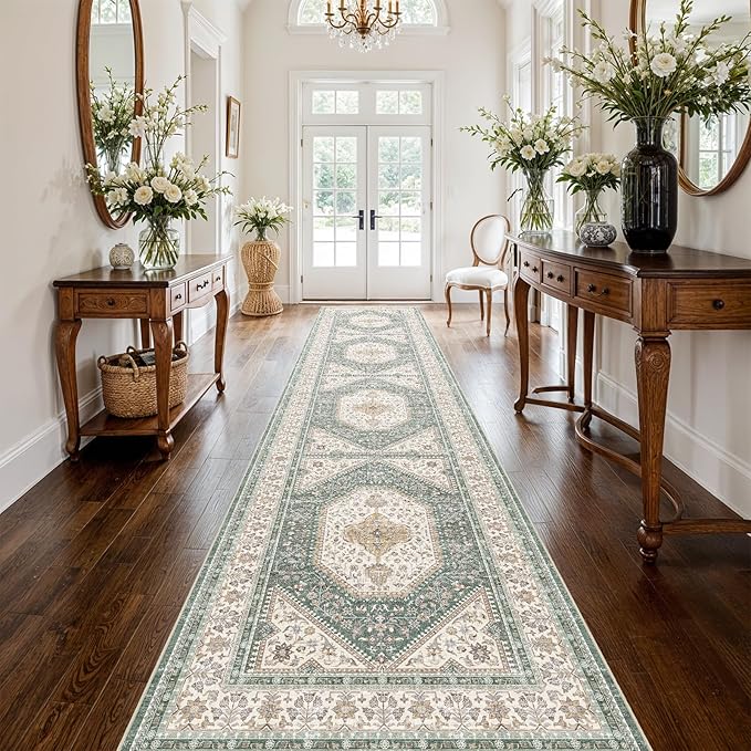 3x16 Runner Rug for Hallway Washable: Non Slip Kitchen Rugs with Rubber Backing Soft Waterproof Mats Stain Resistant Indoor Vintage Carpet Runner for Bedroom Bathroom Laundry Entryway Green/Beige