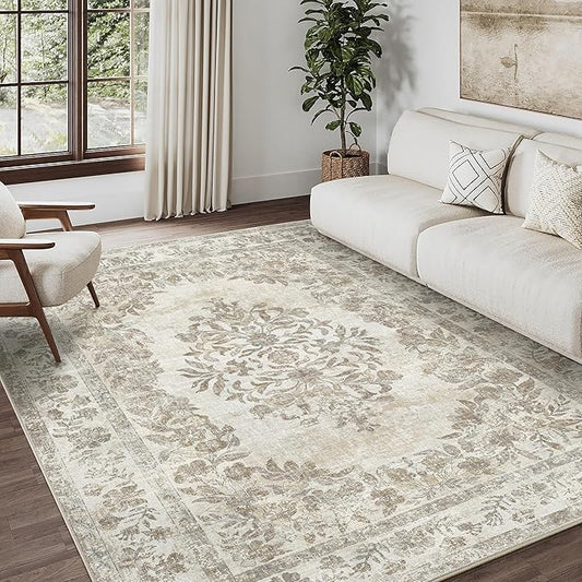 6x9 Area Rug Beige Washable Vintage Distressed Living Room Carpet Large Bedroom Indoor Medallion Floral Non Slip Retro Throw Floor Mat for Office Dining Room Kitchen Bathroom