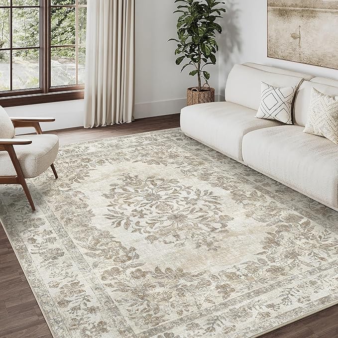 5x7 Area Rug Beige Washable Vintage Distressed Living Room Carpet Large Bedroom Indoor Medallion Floral Non Slip Retro Throw Floor Mat for Office Dining Room Kitchen Bathroom