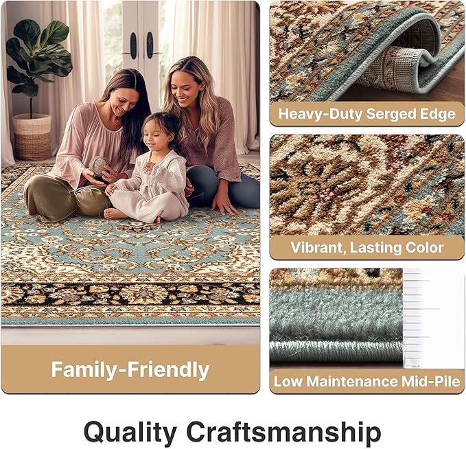 Well Woven Barclay Collection Medallion Kashan Light Blue 5x7 Area Rug - for Living Room, Bedroom, and Dining Room