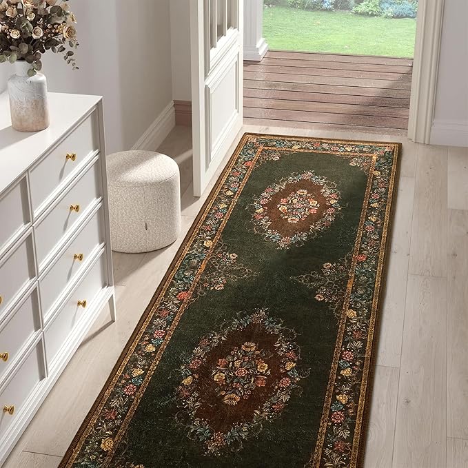 RYB HOME Green 2x6 Kitchen Rug Runner, Floral Vintage Entrance Door Mat Runner, Distressed Soft Stain Resistant Non Slip for Hallway Bathroom Laundry Foyer, 2x6 ft, Olive Green