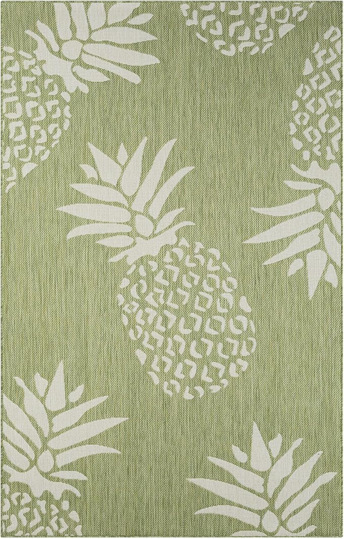 LR Home 5 x 7 Indoor / Outdoor Area Rug for Home Decor | Coastal Pineapples large size carpet for living room, bedroom, playroom, patio, garden | Modern farmhouse rug | Dark Green / Beige