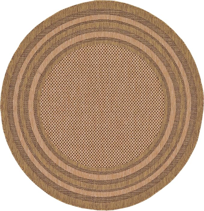 Unique Loom Outdoor Border Collection Area Rug - Multi Border (6' Round, Light Brown/ Brown)