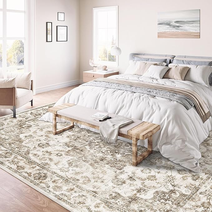 10x12 Neutral Area Rug Brown Floral Living Room Bedroom Large Carpet Non-Slip Low Pile Vintage Soft Thin Washable Throw Rug for Dining Room Office Kitchen Indoor Nursery