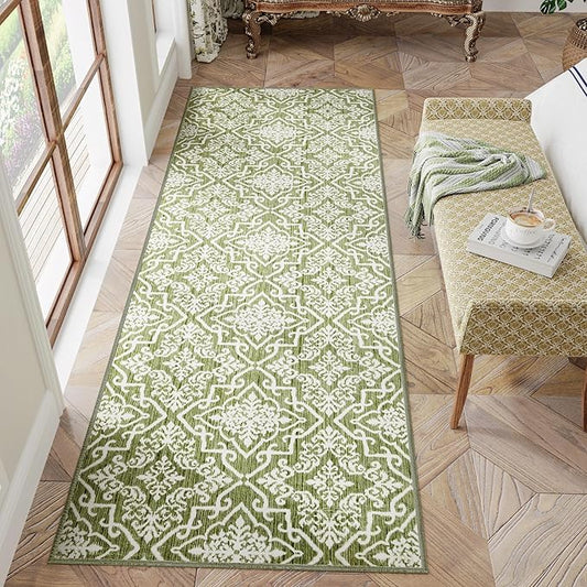 jinchan Boho Runner Rug 2x5 Moroccan Washable Rug Hallway Indoor Floor Accent Carpet Floral Tile Print Mat Soft Thin Runner Non Slip Carpet for Kitchen Bedroom Bathroom Laundry Room Decor Green