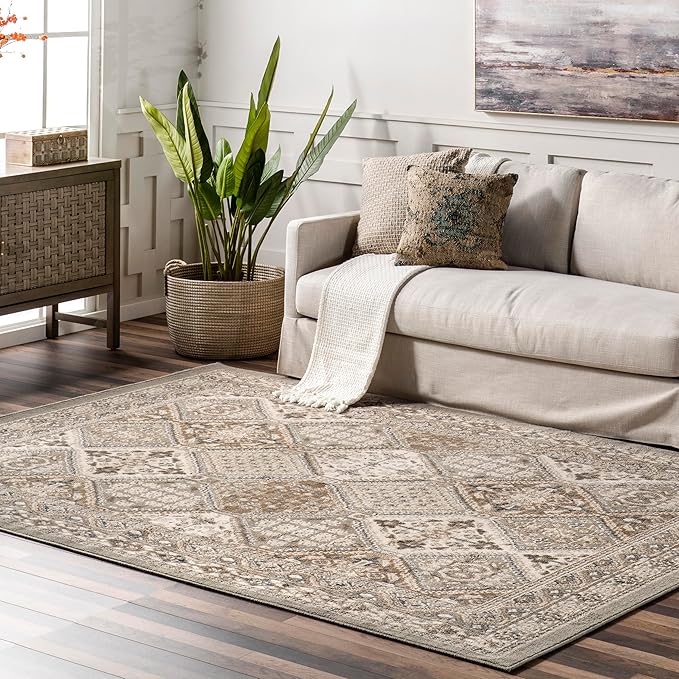 nuLOOM 10x14 Becca Traditional Tiled Area Rug, Taupe, Faded Transitional Design, Stain Resistant, For Bedroom, Dining Room, Living Room, Hallway, Office, Kitchen, Entryway