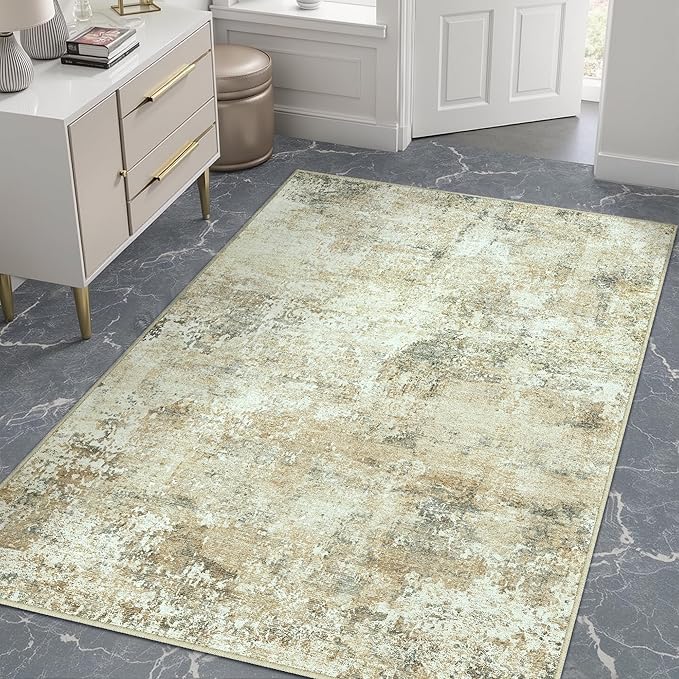 3x5 Area Rugs for Living Room Beige Grey Non Slip Washable Neutral Modern Abstract Indoor Rug Thin Soft Throw Low Pile Kitchen Carpet for Bedroom Dining Room Farmhouse Home Office Decor