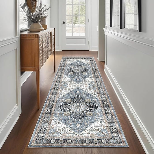2x6 Runner Rug, Ultra-Thin Bathroom Rug, Blue Low Pile Laundry Room Mat, Machine Washable Boho Rug for Hallways Entryway Kitchen Bathroom Bedside Camper