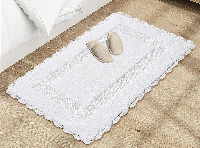 Cotton Crochet Bathmat with Antiskid 21x34 White, 100% Pure Cotton, Super Soft White, Plush & Absorbent, Hand Tufted Heavy Weight Construction, Full Reversible Step Out Rugs