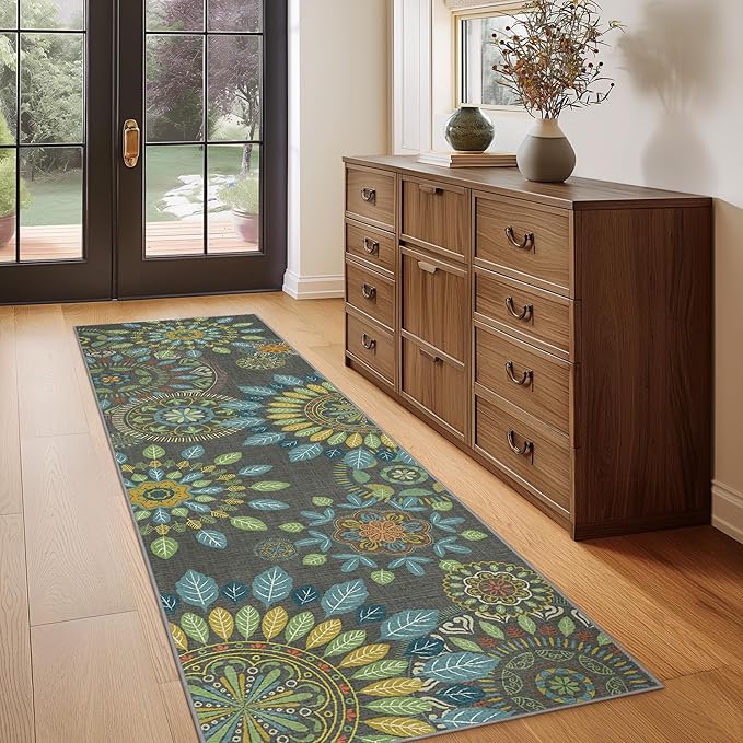 Bavni Kitchen Runner, Washable 2x12 Rugs Non Slip, Floral Thin Runners, Stain Resistant Carpet Runner for Bathroom, Bedroom, Hallway, Multi