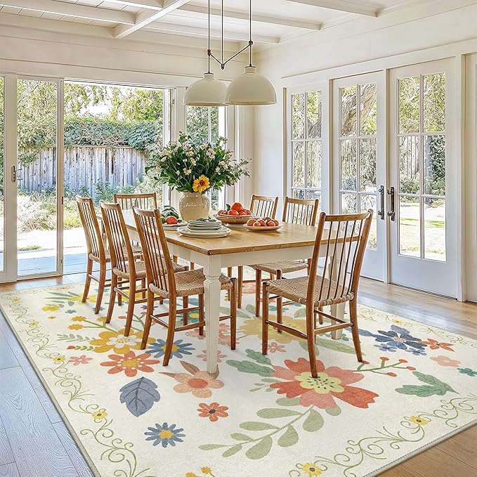 Bavni 4x6 Rugs for Living Room, Lightweight Machine Washable Non Slip Area Rug, Foldable Floral Rugs for Bedroom Dining Room Kids Room, Ultra-Thin Aesthetic Boho Soft White