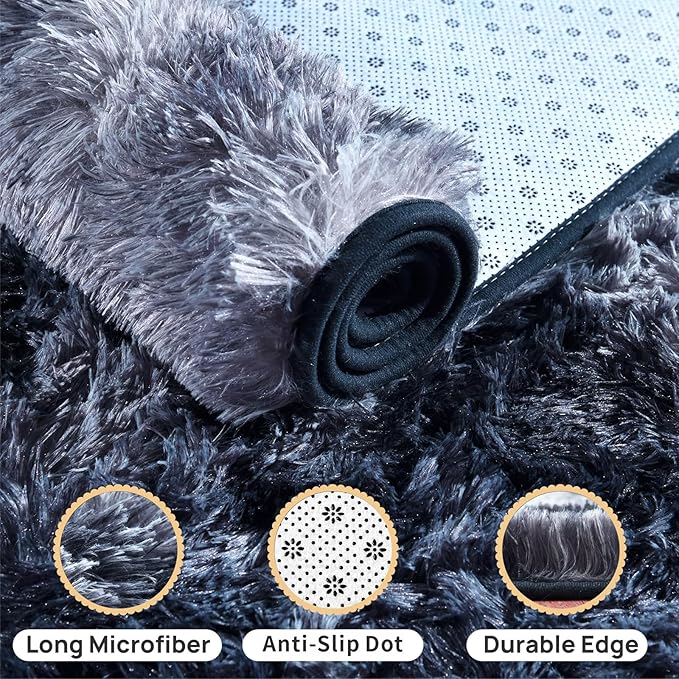 Anti-Skid Fuzzy Rug - Fluffy Non-Slip Shag Rug for Living Room & Nursery - Tie-Dyed Blue Grey Rectangle 2x3 Feet