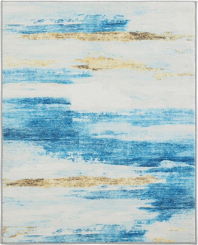Carvapet Rugs for Living Room, Blue Modern Abstract Low Pile Large Carpet with Rubber Backing, Foldable, Non Slip Machine Washable (12 x 9 Feet Rectangular, Sky Blue Area Rug)