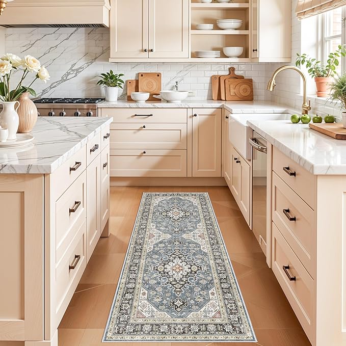2x6 Runner Rug Washable: Non-Slip Oriental Carpet for Hallway Kitchen Entry - Farmhouse Low Pile Stain Resistant Long Thin Front Door Mat 2x6 Navy Blue