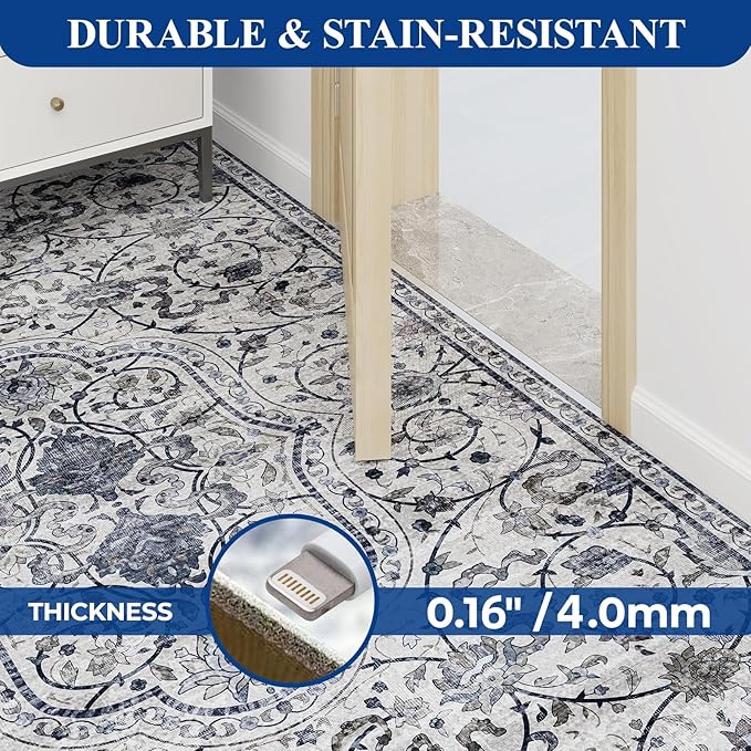 SALLOUS Runner Rug for Hallway, 3x10ft Vinyl Floor Mat for Home, Area Rug for Living Room Bedroom, Waterproof Kitchen Mat, Runner Rug for Bathroom, Entryway (Grayish Blue Bohemian-Style)