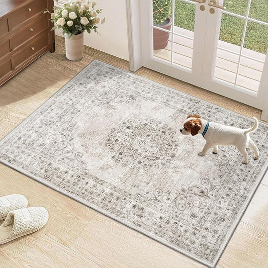 2x3 Area Rugs for Entryway: Washable Vintage Rug Indoor Soft Non-Slip Distressed Doormat for Bedroom Bathroom Kitchen Home Office (Taupe, 2'x3')