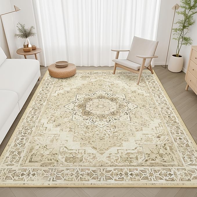 Washable Area Rug 3x5 Boho Entryway Rug Non Slip Soft Vintage Kitchen Rug Oriental Distressed Living Room Bedroom Rugs Indoor Floor Carpet for Bathroom Dining Room Office Entrance Dorm, Beige