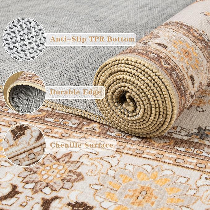 Tepook 2x6 Vintage Runner Rug - Low Pile Washable Non-Slip Carpet for Hallway, Kitchen, Bedroom, Entryway, Laundry Room, Bathroom - Indoor Throw Rug in Beige
