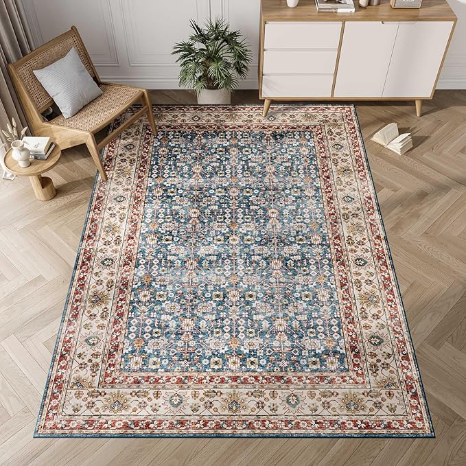 Dripex 3x5 Area Rugs, Machine Washable Non Slip Boho Rugs,Distressed Entryway Rug Doormat,No Pile Lightweight Vintage Rug, Smal Carpet Rug for Front Entrance,Office Bedroom,Blue and Red