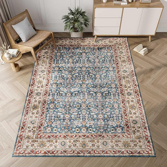 Dripex 3x5 Area Rugs, Machine Washable Non Slip Boho Rugs,Distressed Entryway Rug Doormat,No Pile Lightweight Vintage Rug, Smal Carpet Rug for Front Entrance,Office Bedroom,Blue and Red