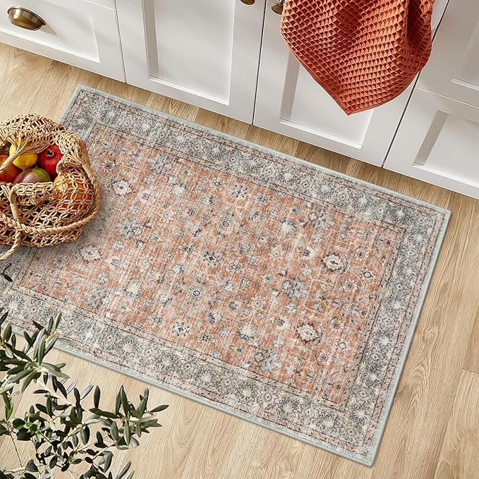 LIVEBOX 2x3 Washable Rug - Small Entryway Rug Indoor Door Mat Boho Low-Pile Indoor Rugs for Kitchen, Terracotta Distressed Doormat Non-Slip Retro Carpet for Bathroom Laundry Room