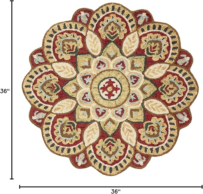 SAFAVIEH Novelty Collection Area Rug - 3' Round, Red & Taupe, Handmade Boho Floral Rustic Country Wool, Ideal for High Traffic Areas in Living Room, Bedroom (NOV604Q)