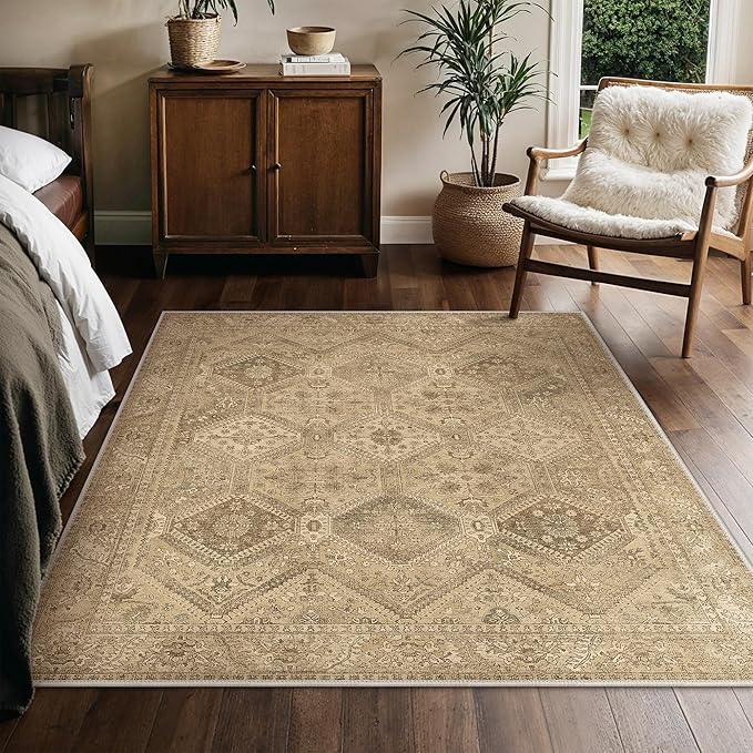 Bavni 4x4 Area Rugs for Living Room, Machine Washable Rug Non Slip, Vintage Chenille Distressed Print Carpet, Large Low Pile Ultra-Thin Lightweight Rugs for Bedroom, Dining Room, Office, Nut Brown