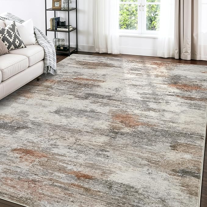 Area Rugs for Living Room: 6x9 Washable Neutral Modern Rug for Bedroom Large Soft Abstract Dining Room Rugs Indoor Floor Low Pile Carpet for Home Office Nursery - Rust Grey