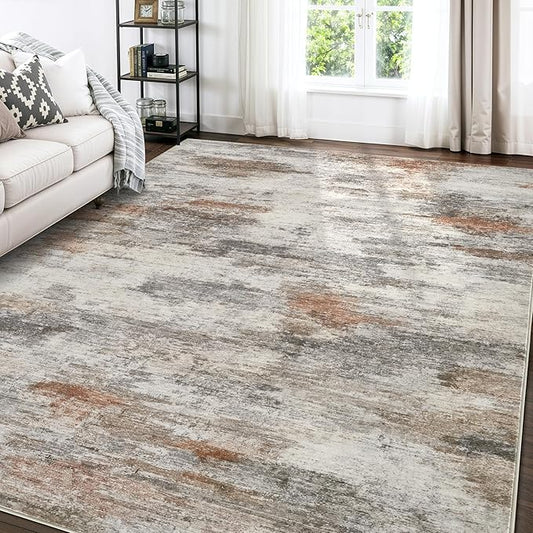 Area Rugs for Living Room: 6x9 Washable Neutral Modern Rug for Bedroom Large Soft Abstract Dining Room Rugs Indoor Floor Low Pile Carpet for Home Office Nursery - Rust Grey