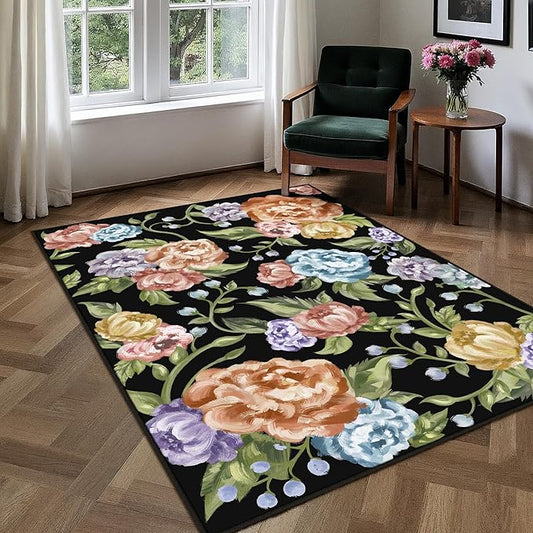Black Area Rug 4x6 Floral Office Door Mat Living Room Indoor Non Slip Kitchen Carpet Washable Bedroom Low Pile Soft Accent Rug for Office Dining Room Bathroom Farmhouse