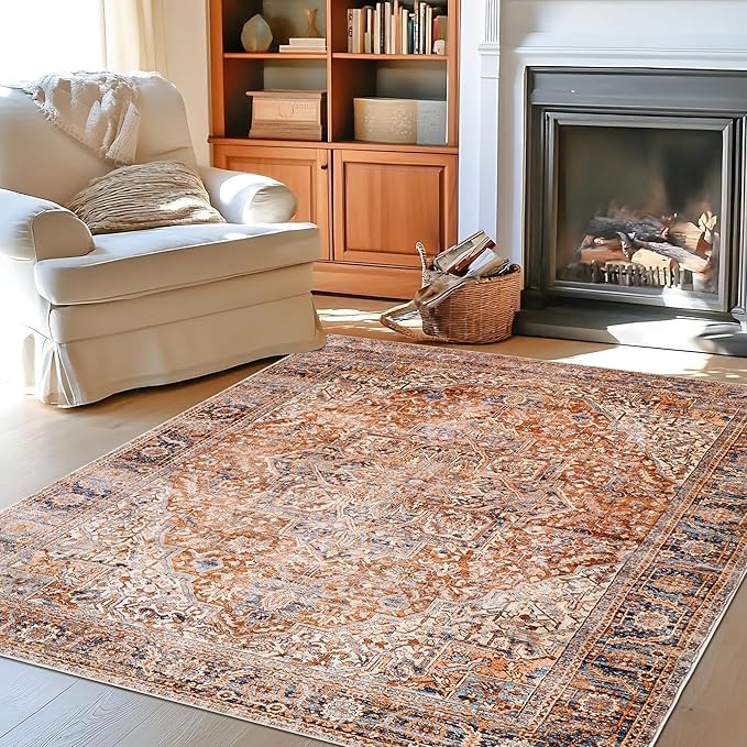 Washable Boho Area Rugs 9x12 Living Room Bedroom Under Table,Easy to Clean Vintage Floral Bohemian Rustic Western Style Large Rug for Dining Room,Terracotta Rust and Burnt Orange,9 by 12