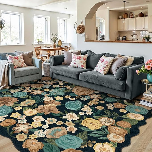Washable Floral Area Rug 5x7 Black Living Room Carpet Scalloped Flower Non Slip Soft Bedroom Rug Farmhouse Low Pile Thin Indoor Floor Cover for Office Dining Room Kitchen Bathroom