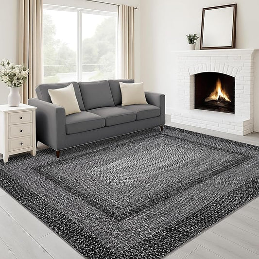 Imitation Braided Collection-Print Living Room Rug 5x7 Washable Rug for Bedroom Modern Non Slip Small Soft Throw Rugs Low Pile Stain Resistant Carpet for Entryway Office Nursery Dining Room