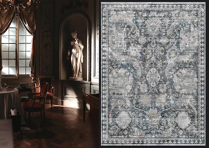 Washable Area Rugs - Perfect for Living Room, Bedroom, Kids Room, Nursery - Stain & Water Resistant Non-Slip, Pet & Child Friendly, Vintage Tribal Area Rugs (Grey and Blue, 5' x 7')