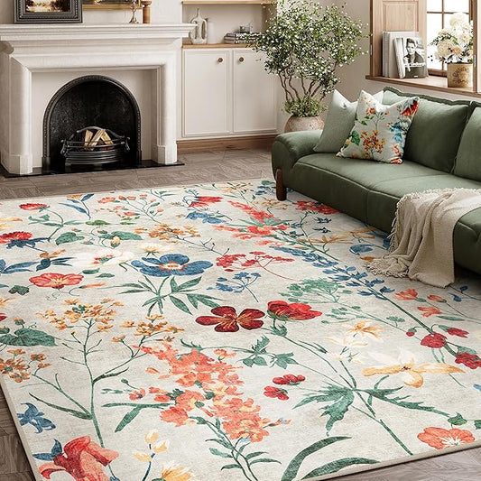 Beige Area Rug 5x7 Floral Washable Living Room Kitchen Boho Carpet Non Slip Low Pile Indoor Accent Lightweight Soft Throw Rug for Bedroom Office Dining Room Nursery Farmhouse