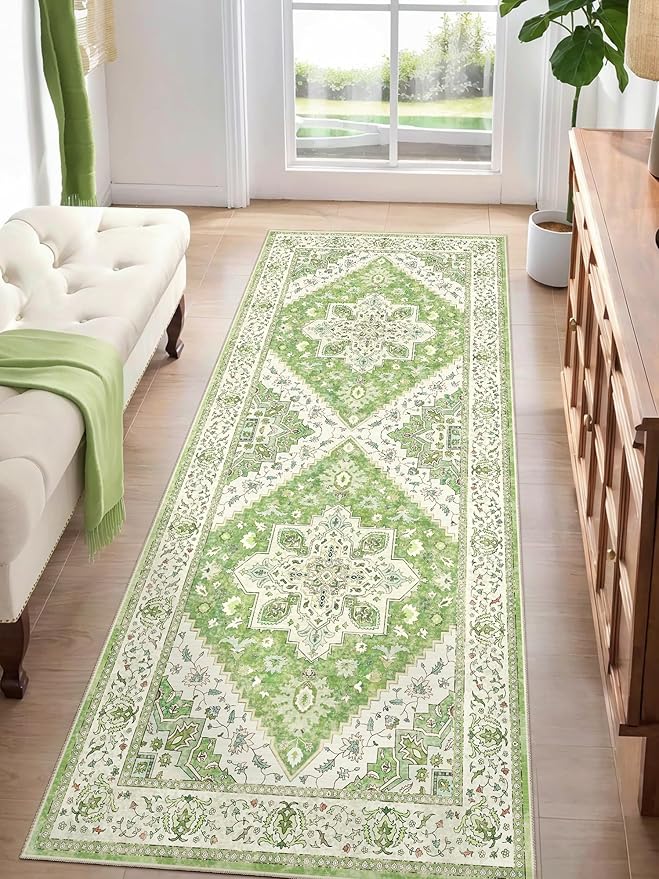 2x5 Washable Runner Rug for Hallways, Non Slip Vintage Runner, Soft Low Pile Long, Print Distressed Green Carpet Runners for Kitchen Bedroom Entryway Bathroom Living Room