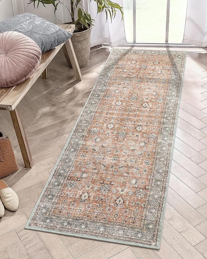 LIVEBOX Washable Runner Rug 2x6 - Boho Kitchen Runner Rug Long Entryway Hallway Rugs, Low-Pile Vintage Terracotta Rugs for Bedroom, Non-Slip Soft Carpet for Bathroom Laundry Room Hallway