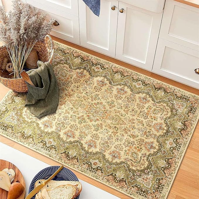 Small Rug 2x3 Green Boho Rugs for Entryway, Vintage Washable Area Rug for Bathroom Kitchen Bedroom, Non Slip Soft Accent Distressed Floor Throw Carpet