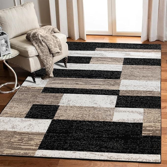 Superior Indoor Area Rug, Jute Backing, Plush Modern Rugs for Entryway, Kitchen Floors, Office Floor Cover, Color Block Rugs, Rockwood Collection, 8' x 10', Ivory/Beige