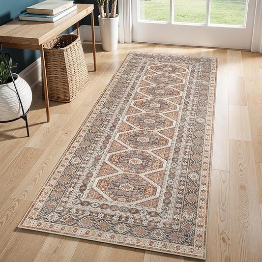 2x6 Runner Rug Kitchen Washable: Oriental Indoor Hallway Runners with Non Slip Backing Floor Mat for Entryway Door Low Pile Thin Carpet for Bedroom Bathroom Living Room Bedside Brick