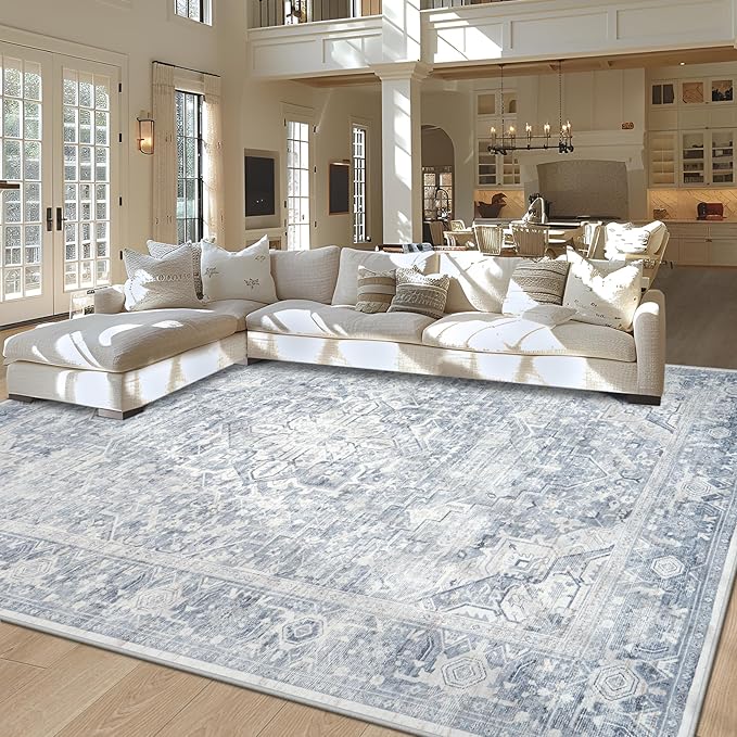 Washable Rugs 8x10 Area Rugs, Soft Vintage Living Room Rug with Anti-Skid Backing Stain Resistant Thin Indoor Carpet Large Area Rug for Bedroom Under Dining Room Table Nursery Entryway-Blue